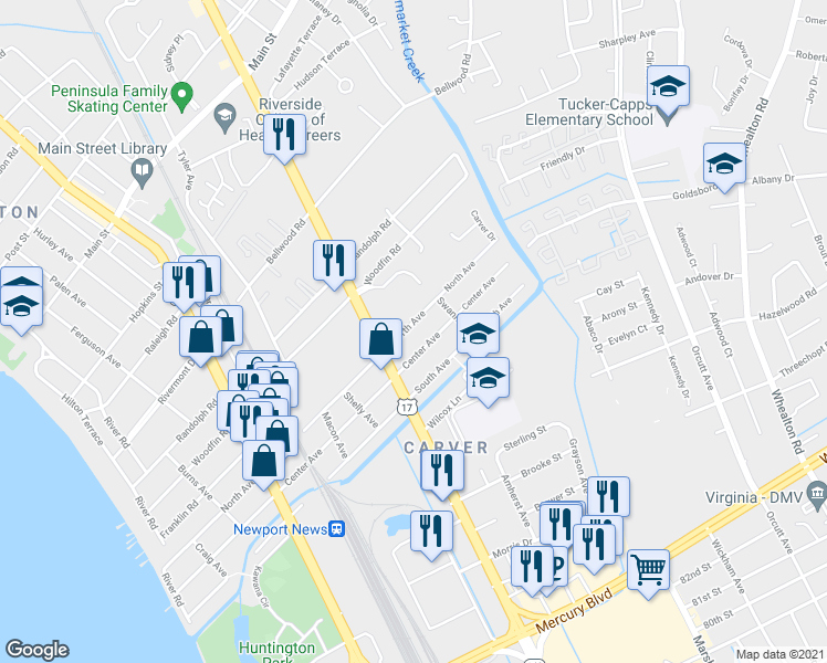 map of restaurants, bars, coffee shops, grocery stores, and more near 800 North Avenue in Newport News