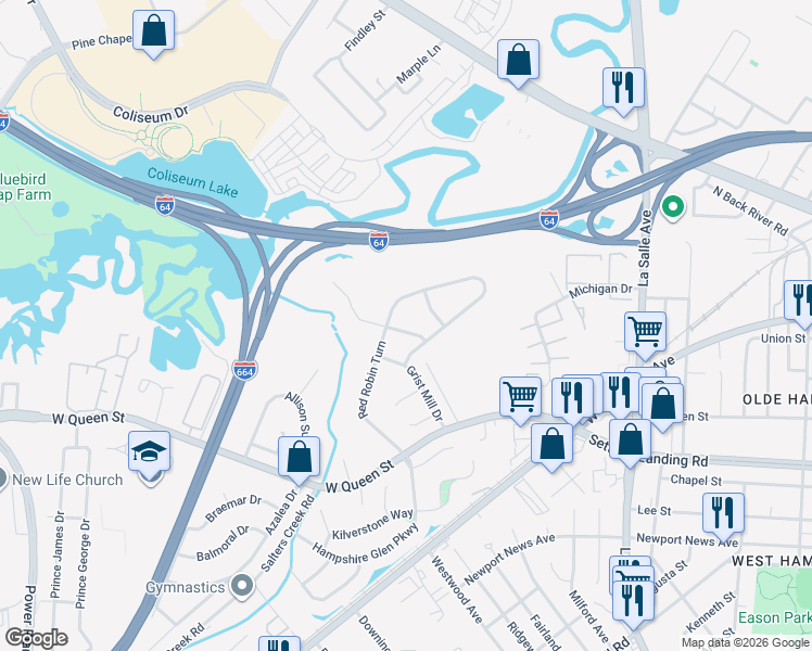 map of restaurants, bars, coffee shops, grocery stores, and more near 6 Mallard Run in Hampton