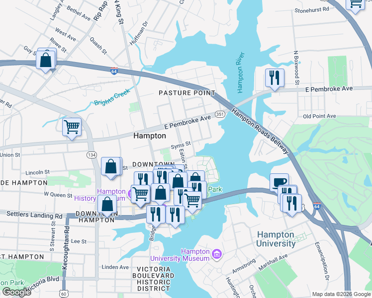 map of restaurants, bars, coffee shops, grocery stores, and more near 294 Eaton St in Hampton