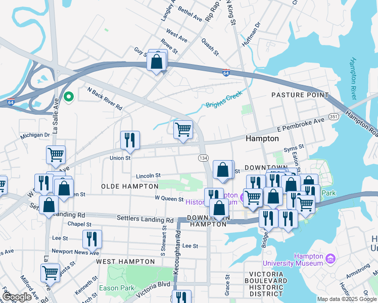 map of restaurants, bars, coffee shops, grocery stores, and more near 234 Union Street in Hampton