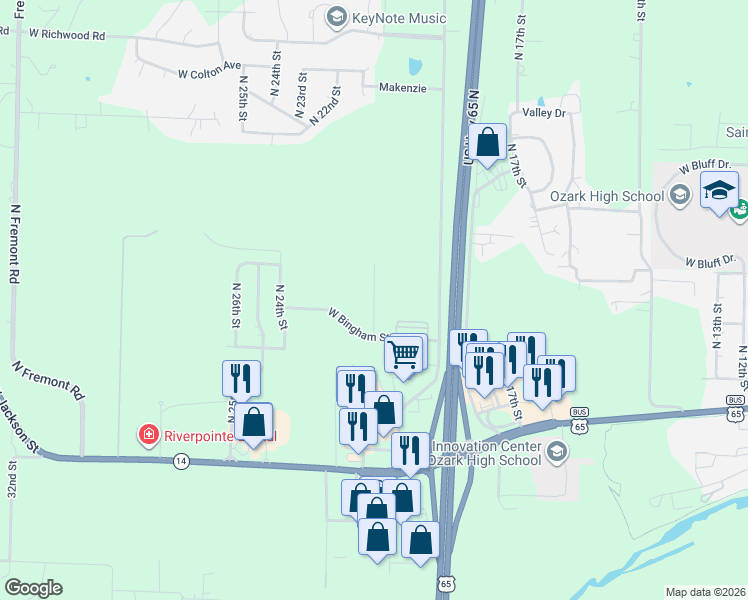 map of restaurants, bars, coffee shops, grocery stores, and more near North Missouri Drive in Ozark