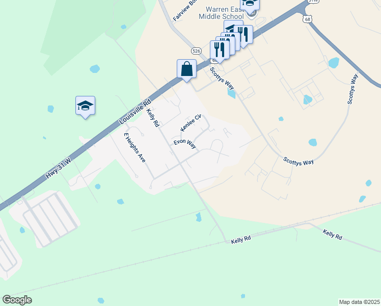 map of restaurants, bars, coffee shops, grocery stores, and more near 349 Hilton Way in Bowling Green