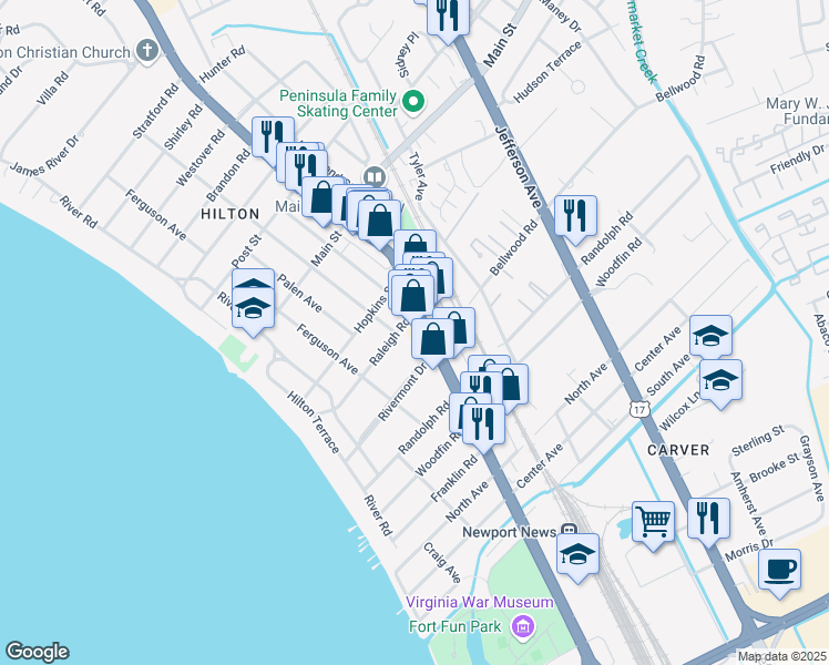 map of restaurants, bars, coffee shops, grocery stores, and more near 9961 Warwick Boulevard in Newport News