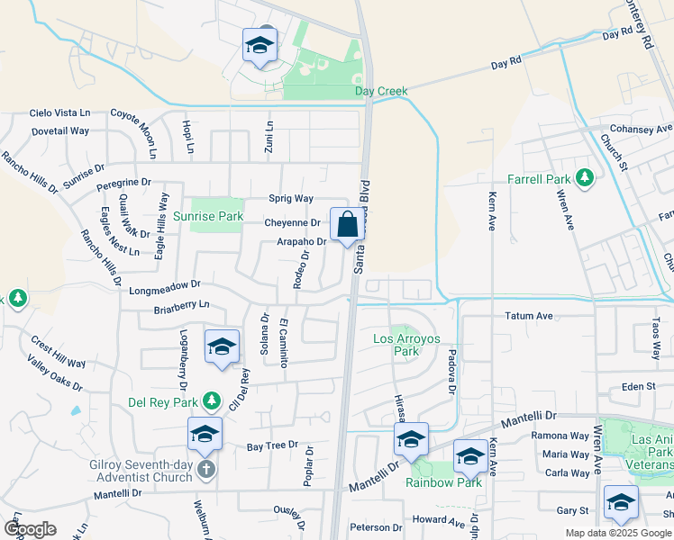 map of restaurants, bars, coffee shops, grocery stores, and more near 9343 Benbow Drive in Gilroy