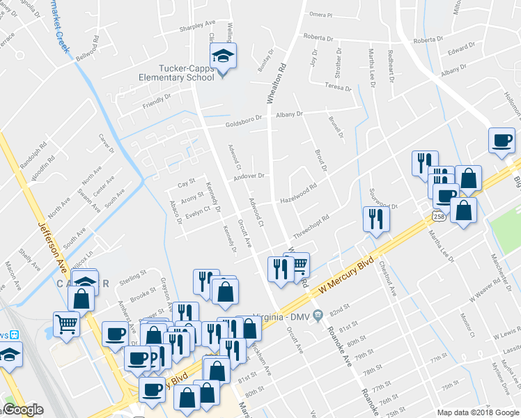 map of restaurants, bars, coffee shops, grocery stores, and more near 350 Adwood Court in Hampton
