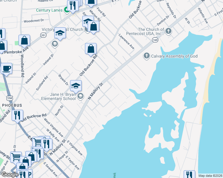 map of restaurants, bars, coffee shops, grocery stores, and more near 1215 Pansy Street in Hampton