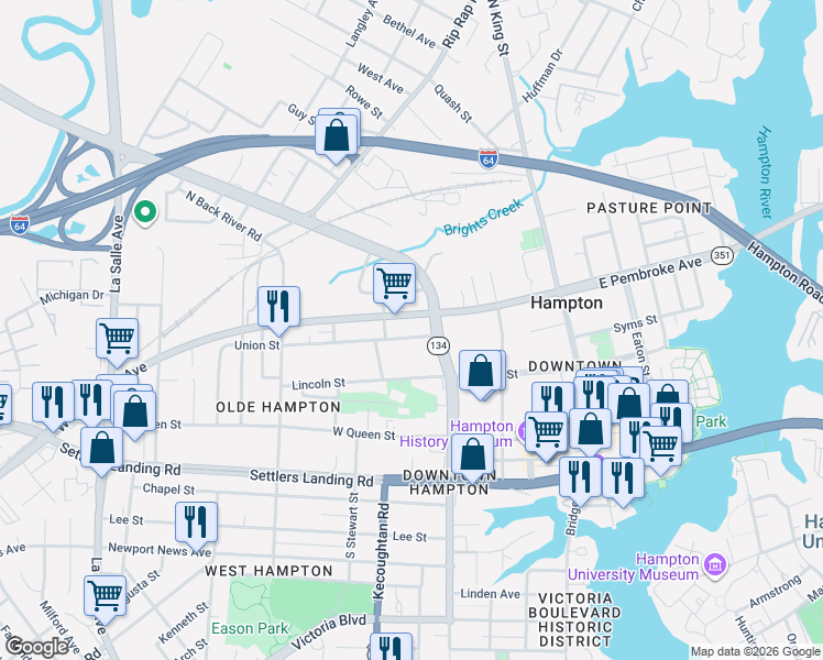 map of restaurants, bars, coffee shops, grocery stores, and more near 234 Union Street in Hampton