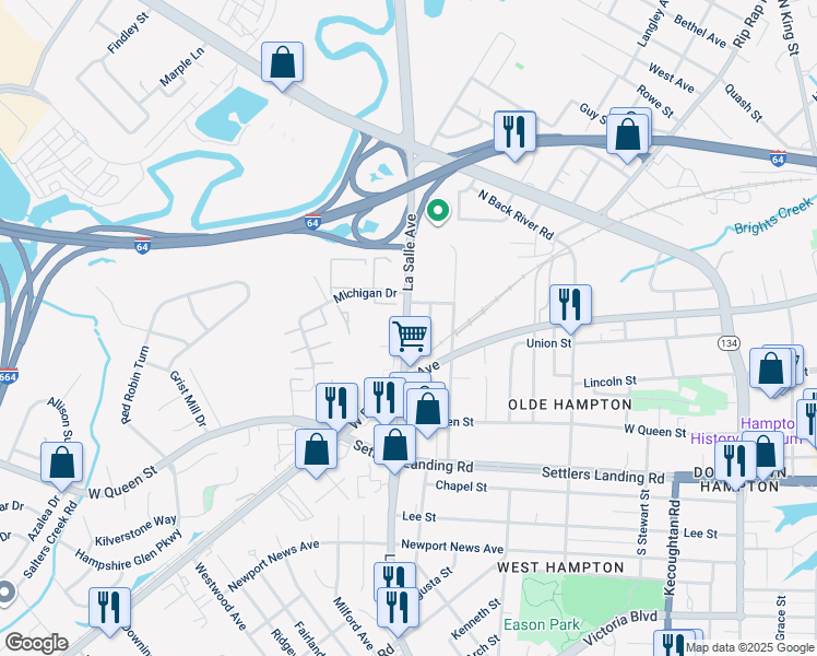 map of restaurants, bars, coffee shops, grocery stores, and more near 1226 La Salle Avenue in Hampton