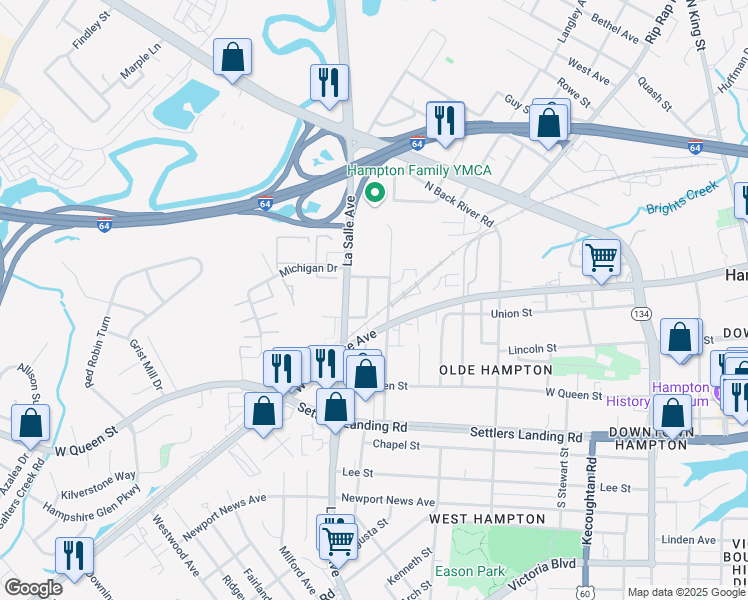map of restaurants, bars, coffee shops, grocery stores, and more near 216 Parkdale Avenue in Hampton