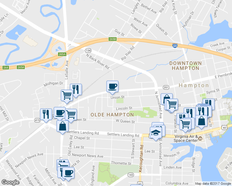 map of restaurants, bars, coffee shops, grocery stores, and more near 429 West Pembroke Avenue in Hampton