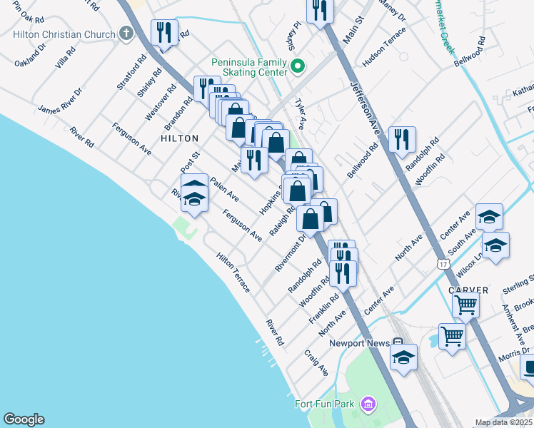 map of restaurants, bars, coffee shops, grocery stores, and more near 76 Hopkins Street in Newport News