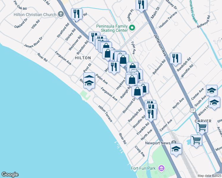 map of restaurants, bars, coffee shops, grocery stores, and more near 203 Palen Ave in Newport News
