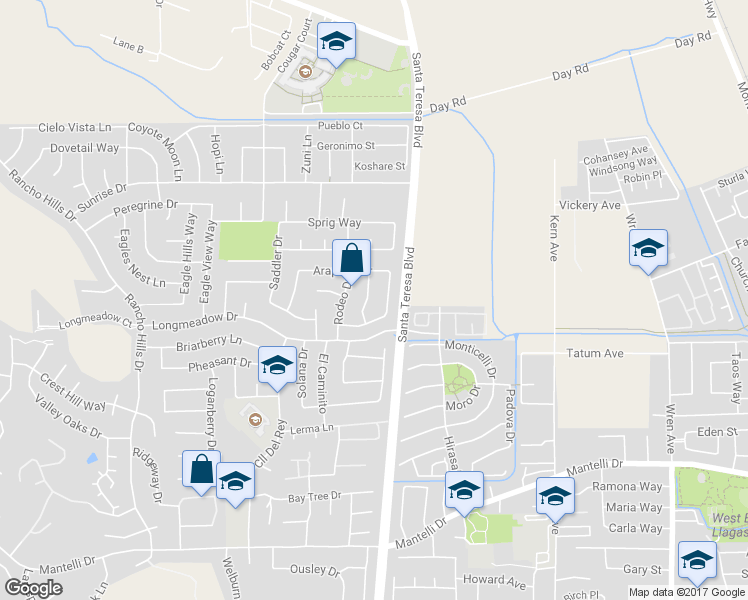 map of restaurants, bars, coffee shops, grocery stores, and more near 9336 Lariat Drive in Gilroy