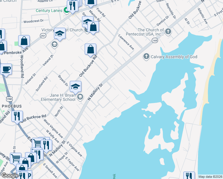 map of restaurants, bars, coffee shops, grocery stores, and more near 1215 Pansy Street in Hampton