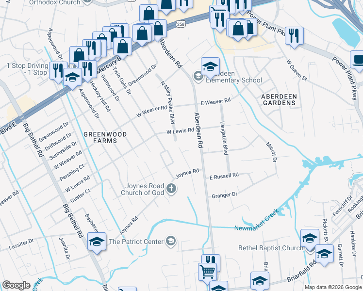 map of restaurants, bars, coffee shops, grocery stores, and more near 1 Lena Cir in Hampton
