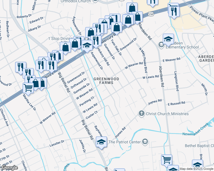map of restaurants, bars, coffee shops, grocery stores, and more near 103 Woodbury Forrest Drive in Hampton