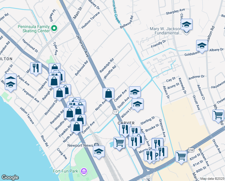 map of restaurants, bars, coffee shops, grocery stores, and more near 800 North Avenue in Newport News