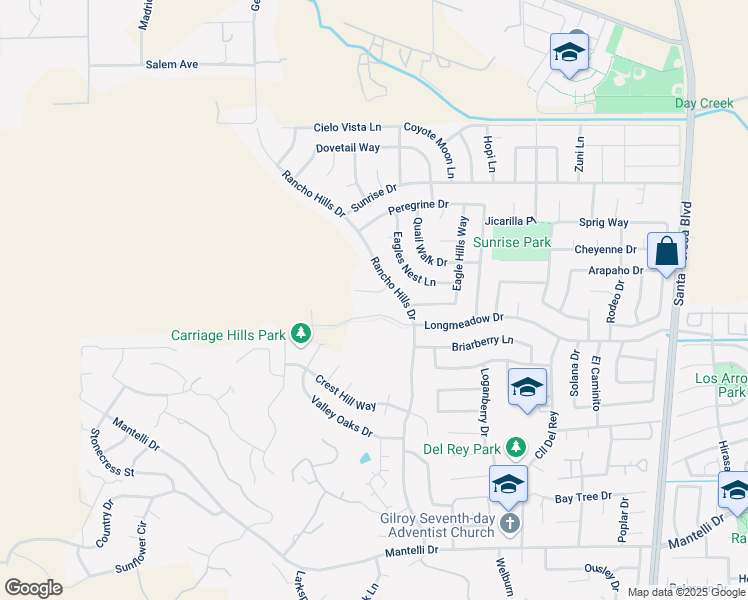 map of restaurants, bars, coffee shops, grocery stores, and more near 1520 Arrowhead Court in Gilroy