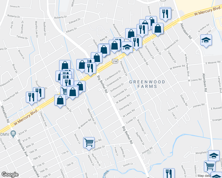 map of restaurants, bars, coffee shops, grocery stores, and more near 3324 Driftwood Drive in Hampton