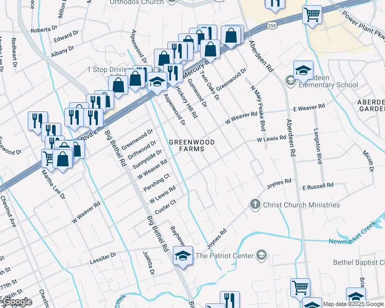map of restaurants, bars, coffee shops, grocery stores, and more near 103 Woodbury Forrest Drive in Hampton