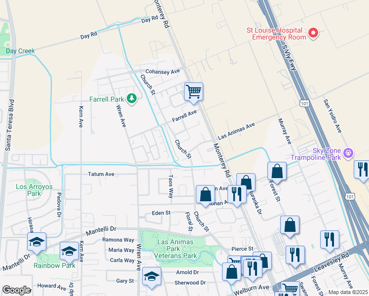 map of restaurants, bars, coffee shops, grocery stores, and more near 9100 Church Street in Gilroy