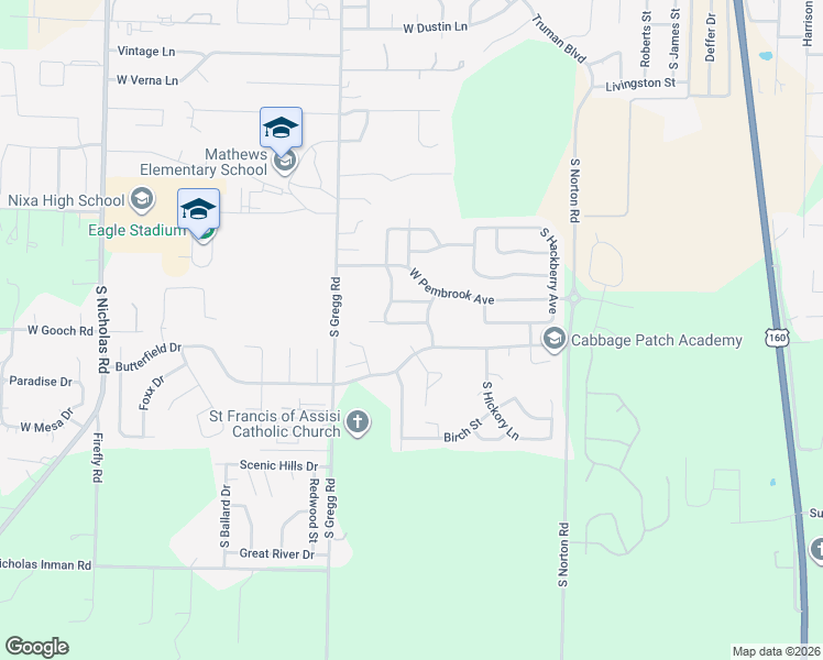 map of restaurants, bars, coffee shops, grocery stores, and more near 988 West Crestwood Street in Nixa