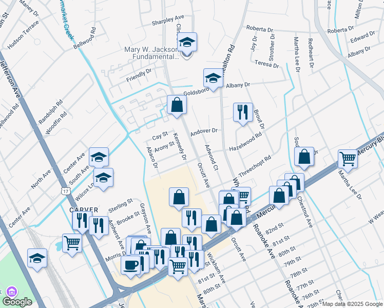 map of restaurants, bars, coffee shops, grocery stores, and more near 8503 Orcutt Avenue in Newport News
