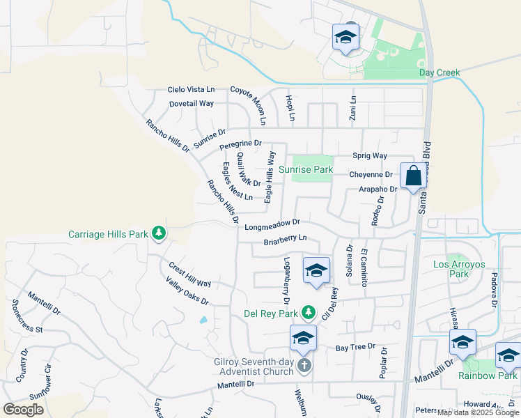 map of restaurants, bars, coffee shops, grocery stores, and more near 1437 Blackwing Way in Gilroy