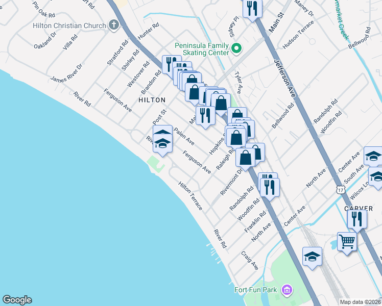 map of restaurants, bars, coffee shops, grocery stores, and more near 203 Palen Avenue in Newport News