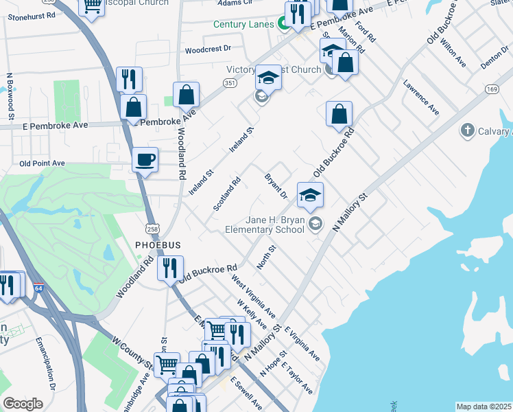 map of restaurants, bars, coffee shops, grocery stores, and more near 48 Lacrosse Street in Hampton