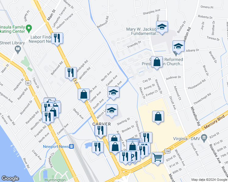 map of restaurants, bars, coffee shops, grocery stores, and more near 914 South Avenue in Newport News