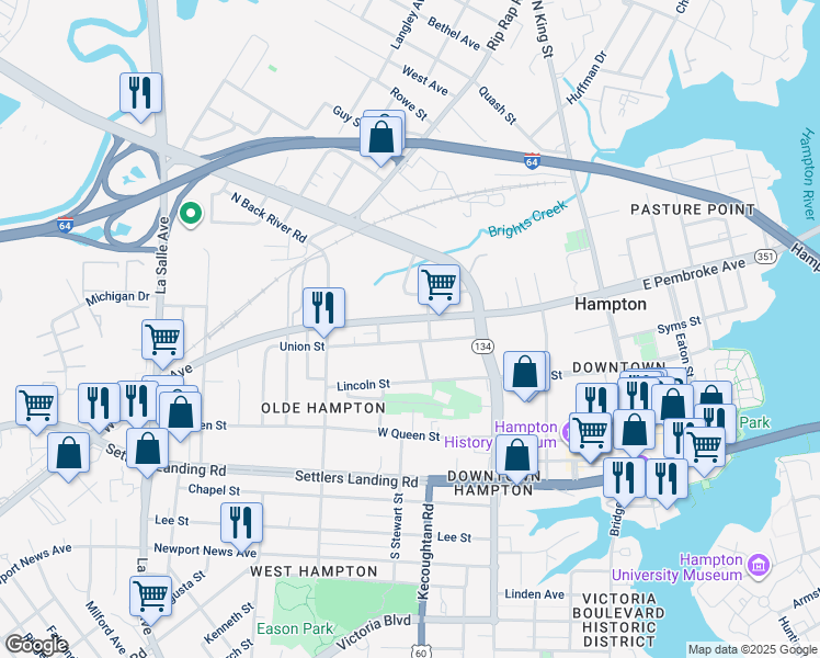 map of restaurants, bars, coffee shops, grocery stores, and more near 315 West Pembroke Avenue in Hampton