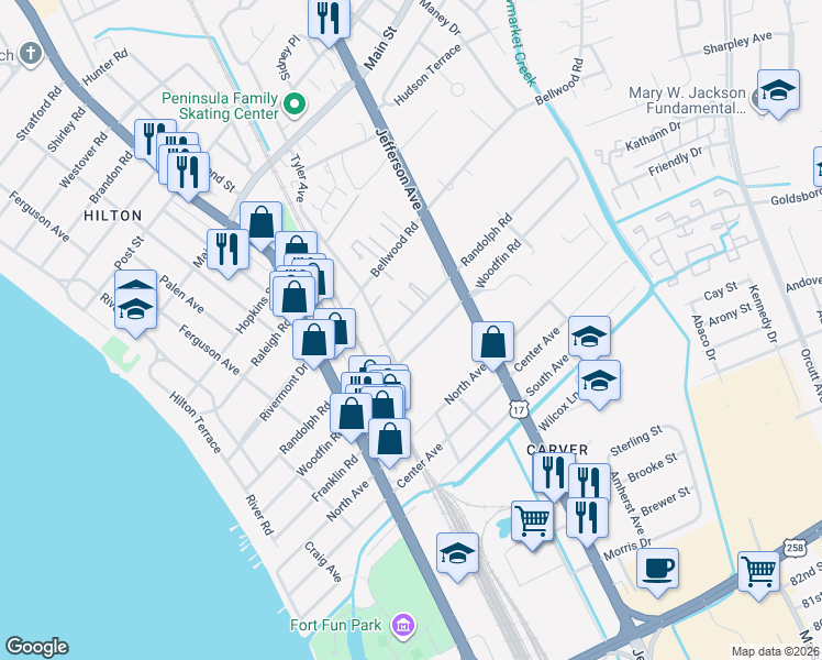 map of restaurants, bars, coffee shops, grocery stores, and more near 506 Randolph Road in Newport News