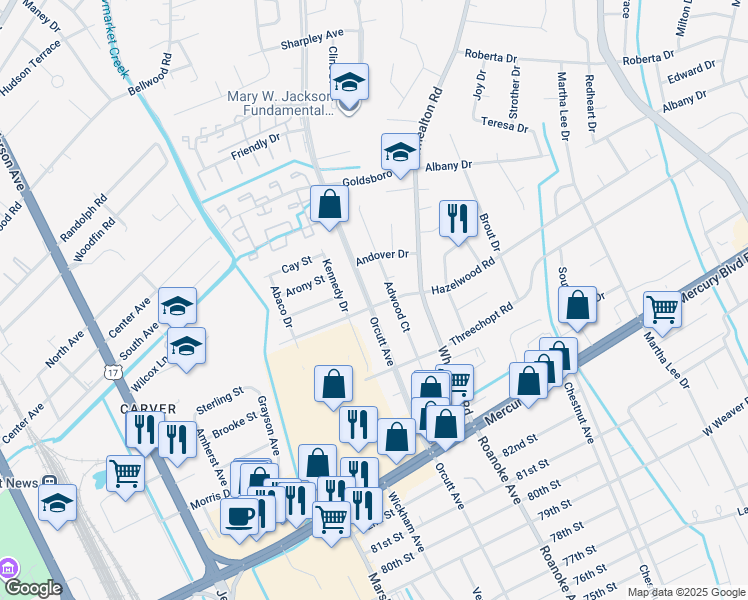 map of restaurants, bars, coffee shops, grocery stores, and more near 8502 Orcutt Avenue in Newport News
