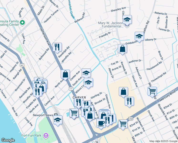 map of restaurants, bars, coffee shops, grocery stores, and more near 914 South Avenue in Newport News
