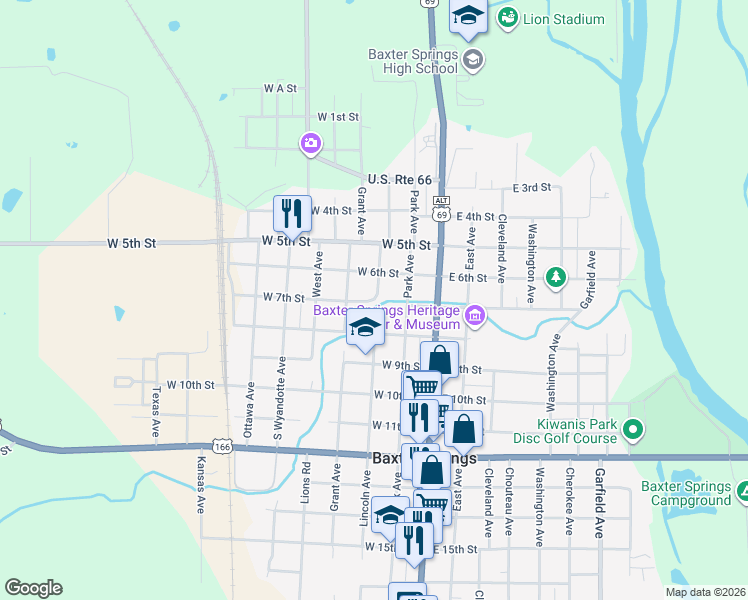 map of restaurants, bars, coffee shops, grocery stores, and more near 301 West 7th Street in Baxter Springs