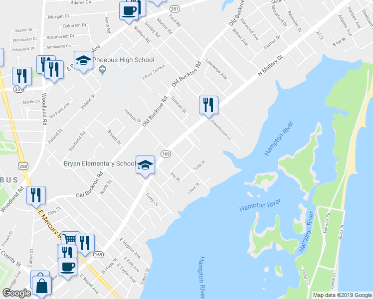 map of restaurants, bars, coffee shops, grocery stores, and more near 1215 Pansy Street in Hampton