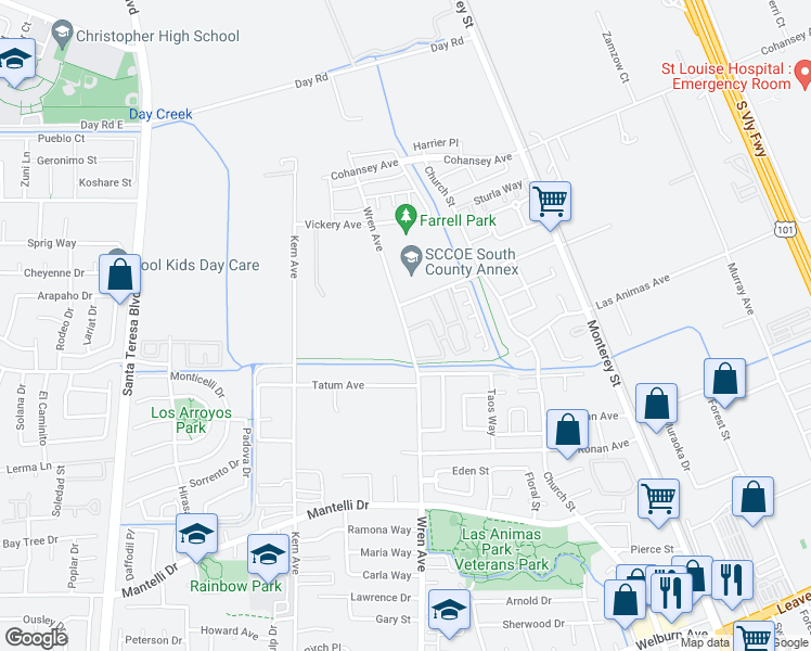 map of restaurants, bars, coffee shops, grocery stores, and more near 9280 Wren Avenue in Gilroy