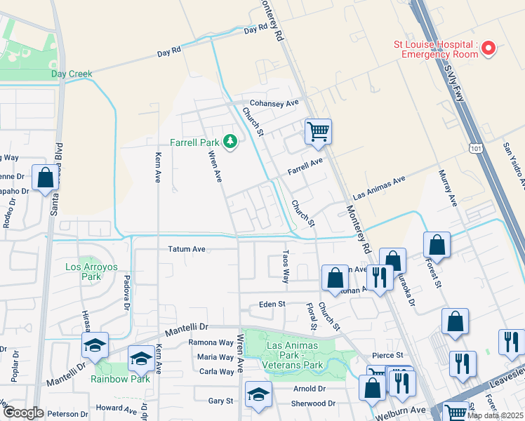 map of restaurants, bars, coffee shops, grocery stores, and more near 260 Farrell Avenue in Gilroy
