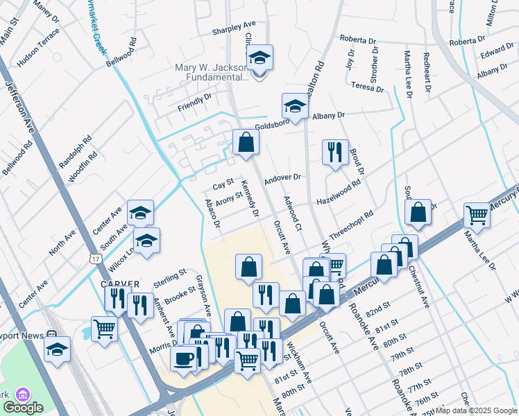 map of restaurants, bars, coffee shops, grocery stores, and more near 8504 Kennedy Drive in Newport News