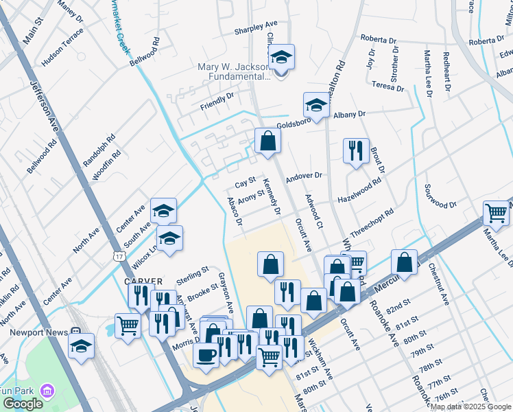 map of restaurants, bars, coffee shops, grocery stores, and more near 5005 Evelyn Court in Newport News