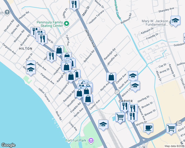 map of restaurants, bars, coffee shops, grocery stores, and more near 506 Randolph Road in Newport News