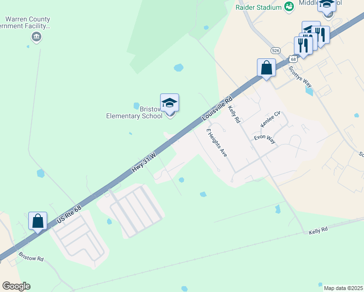 map of restaurants, bars, coffee shops, grocery stores, and more near 6068 Louisville Road in Bowling Green