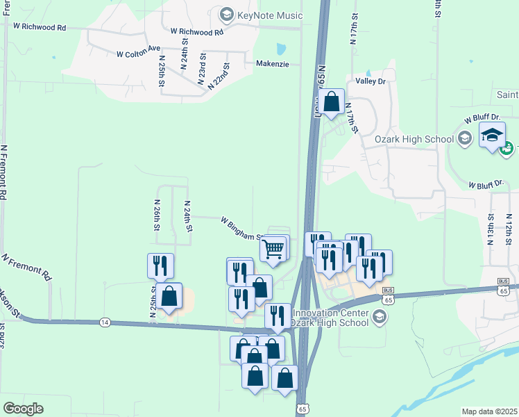 map of restaurants, bars, coffee shops, grocery stores, and more near 1102 North Missouri Drive in Ozark