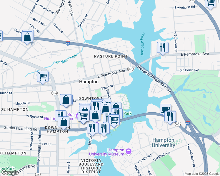 map of restaurants, bars, coffee shops, grocery stores, and more near 296 Eaton Street in Hampton