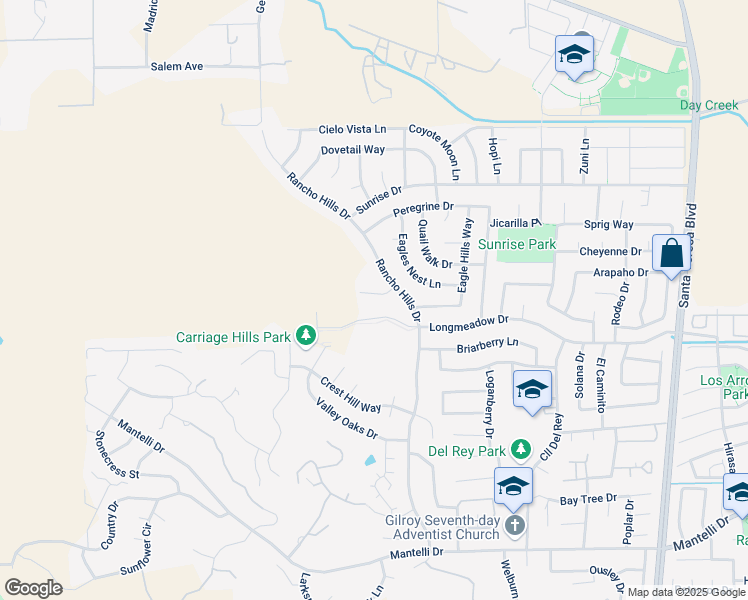 map of restaurants, bars, coffee shops, grocery stores, and more near 1520 Arrowhead Court in Gilroy