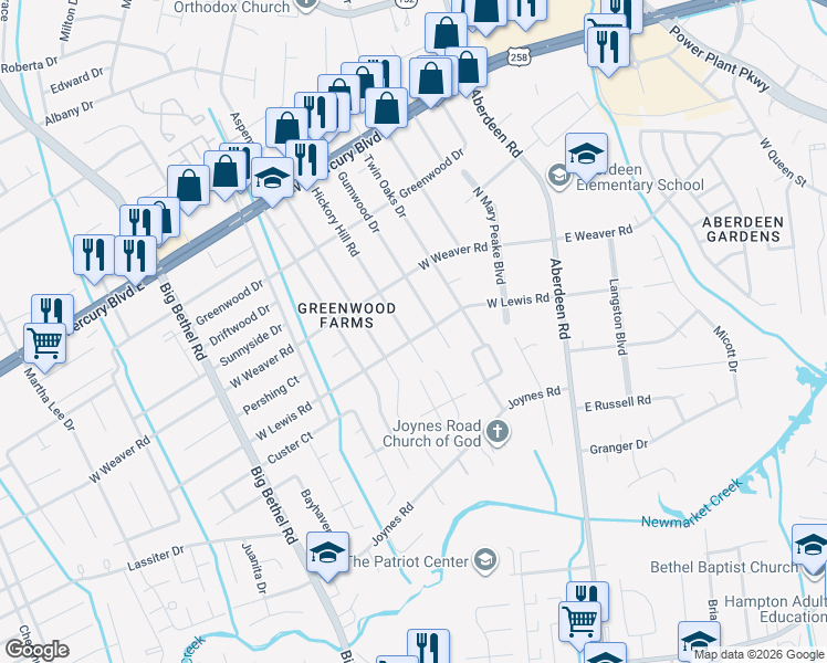 map of restaurants, bars, coffee shops, grocery stores, and more near 117 Hickory Hill Road in Hampton
