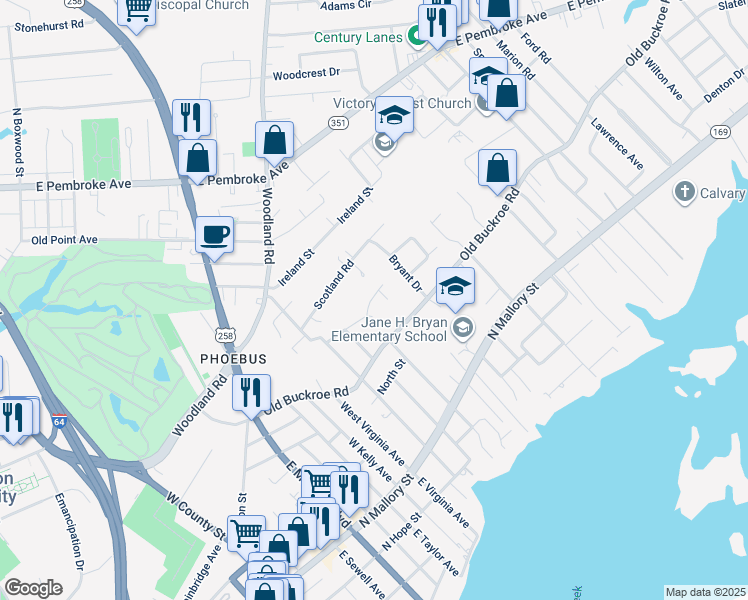 map of restaurants, bars, coffee shops, grocery stores, and more near 48 Lacrosse Street in Hampton