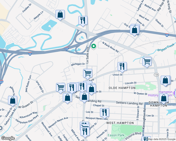 map of restaurants, bars, coffee shops, grocery stores, and more near 1226 La Salle Avenue in Hampton