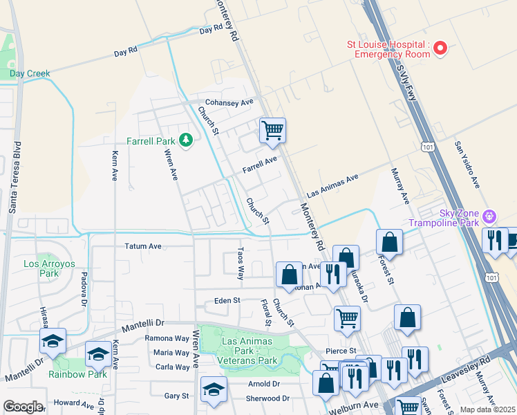 map of restaurants, bars, coffee shops, grocery stores, and more near 9100 Church Street in Gilroy